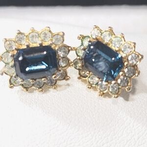 Stud Gold Tone Vintage Blue Stone with Rhinestones Earrings